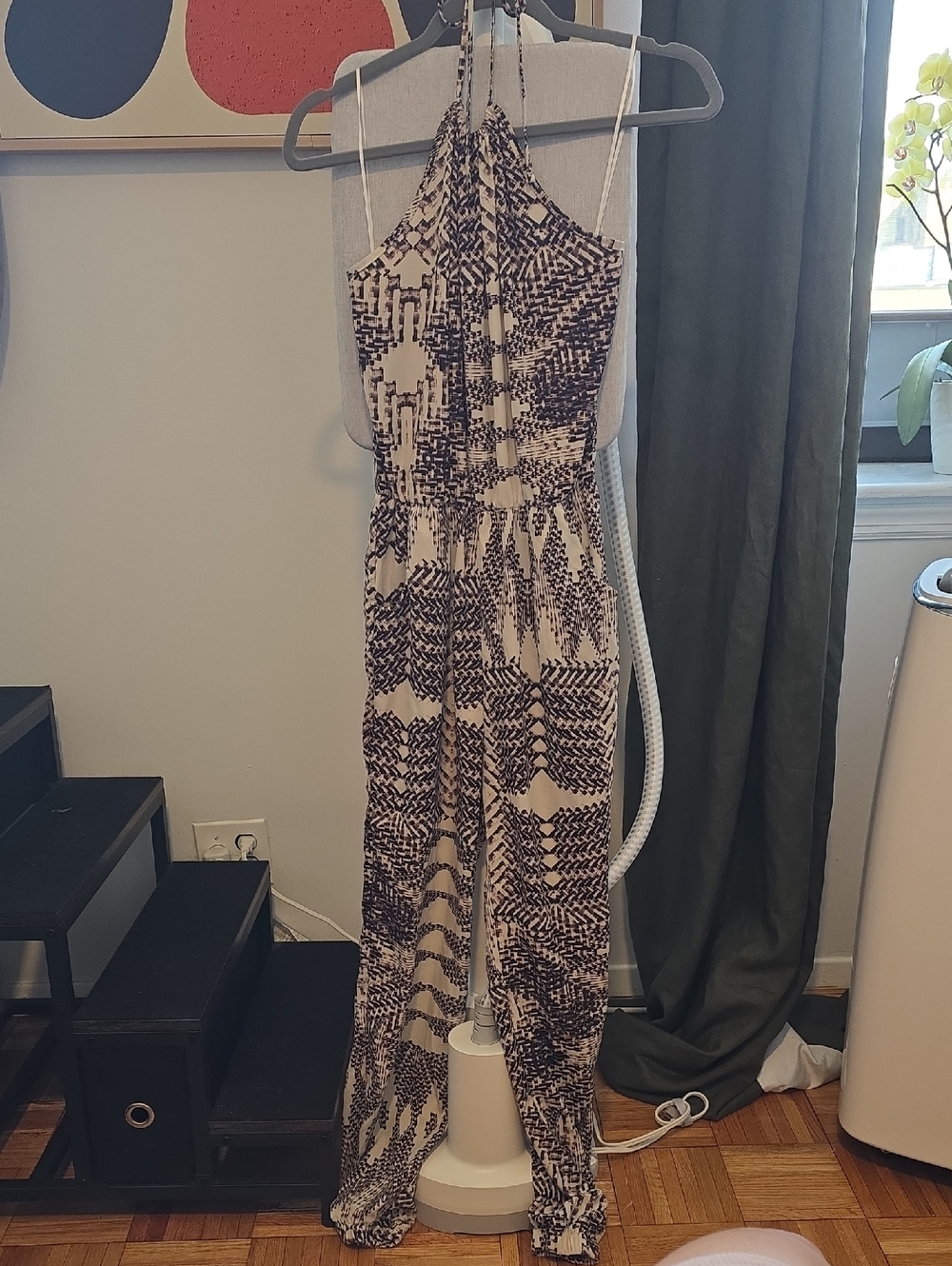 Lovely Day Halter Jumpsuit in Cream and Dark Brown Abstract Print